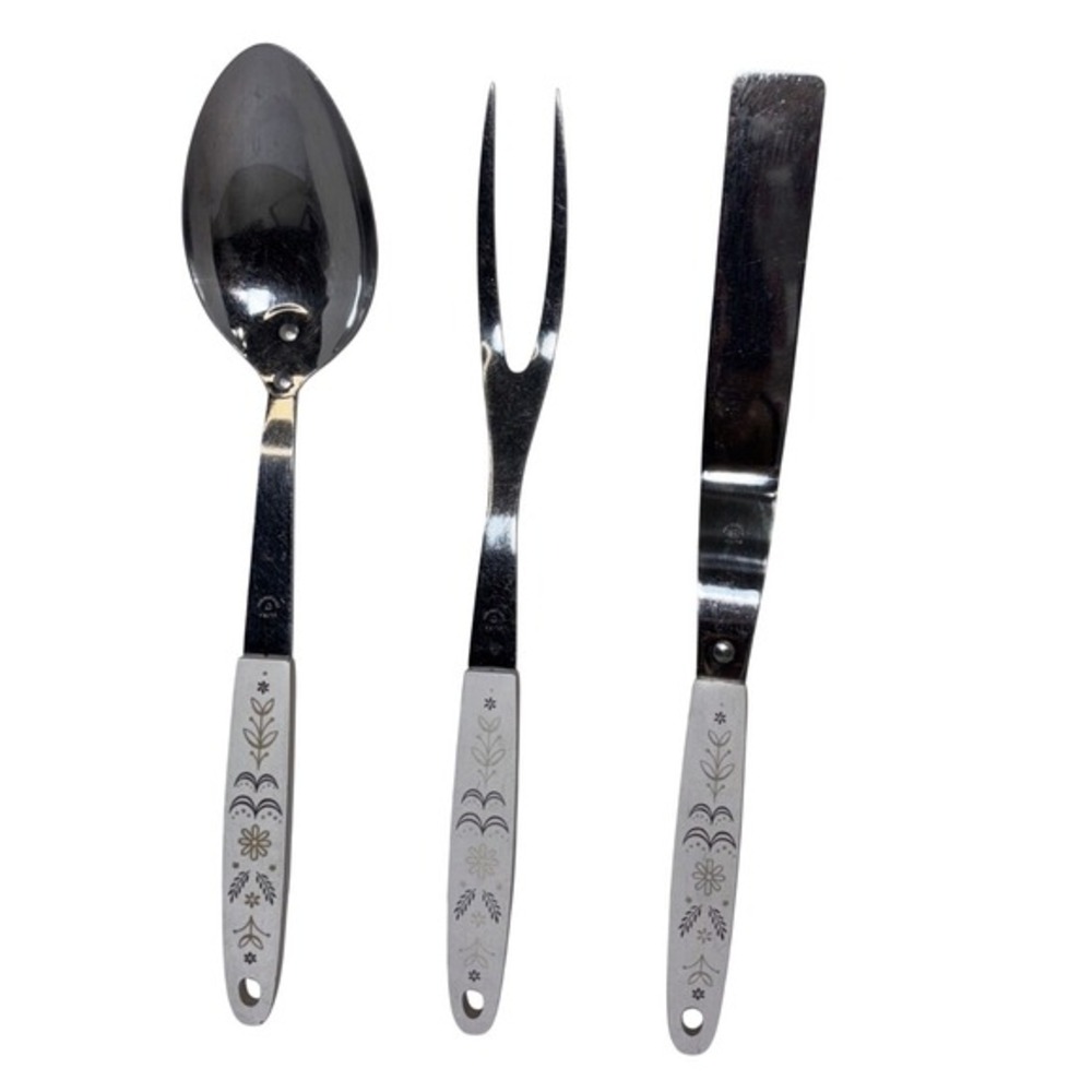 Vintage Flint Ekco Kitchen Utensil Set Stainless USA Floral White Handles 3pc